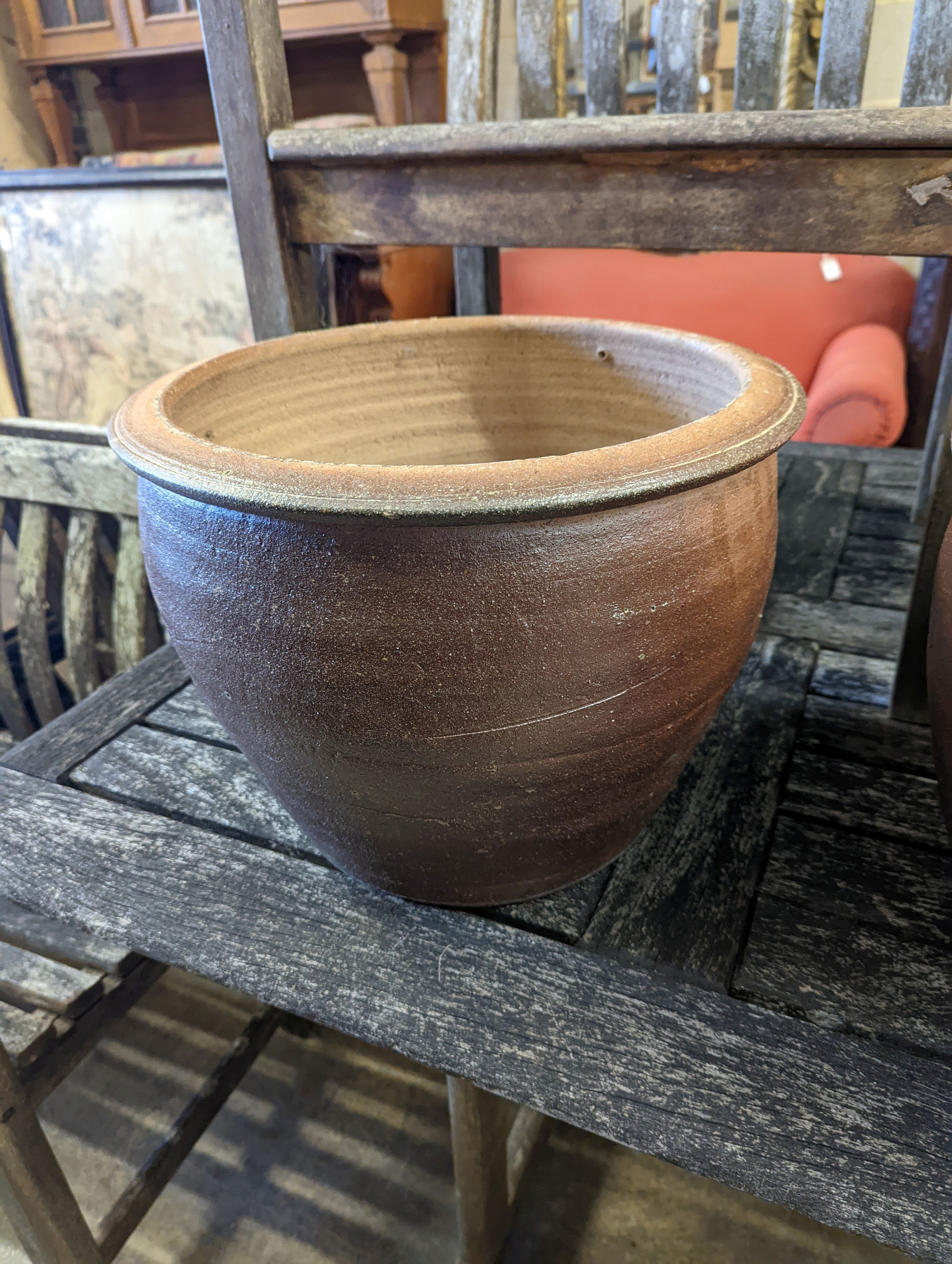 Four circular glazed earthenware garden planters, diameter 40cm, height 31cm